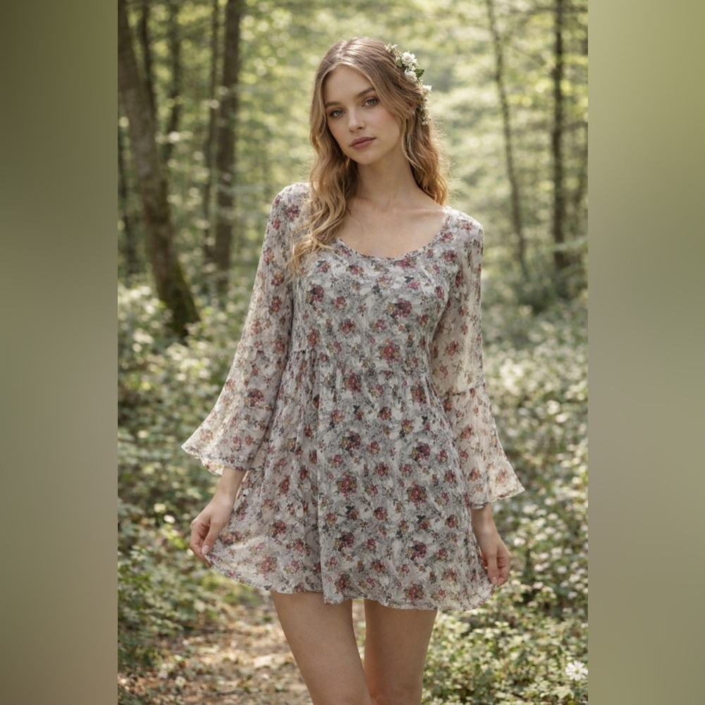 About A Girl Floral Sheer Mini Dress Bell Sleeve Y2K Fairycore Boho Cottagecore